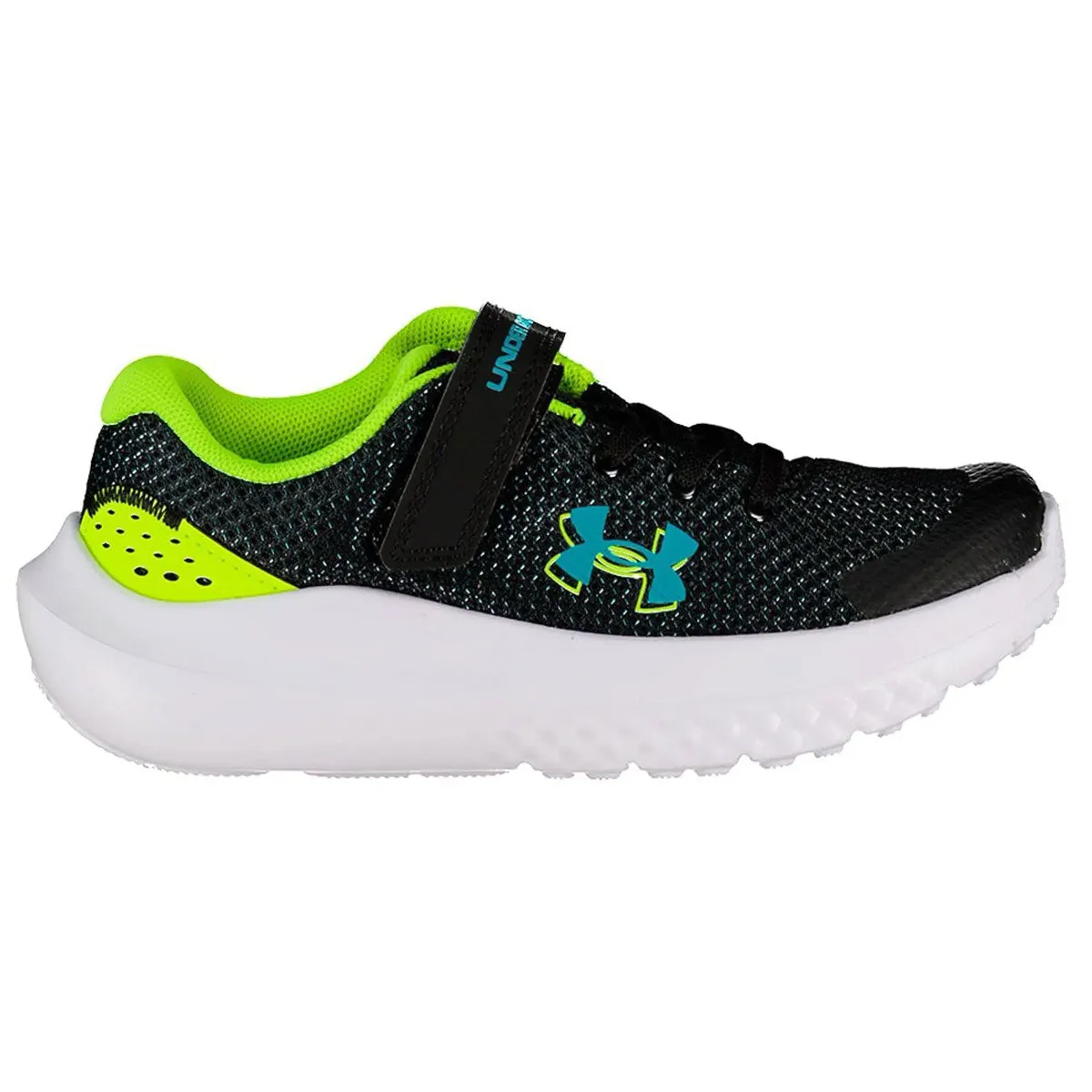 Under Armour Boys BPS Surge 4 AC Running Shoes Black High Vis Yellow Circuit Teal