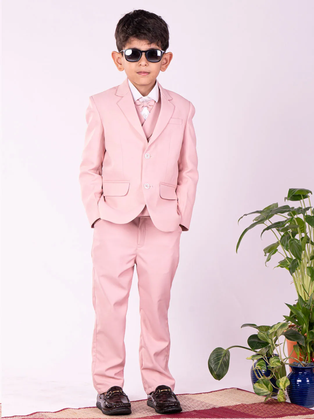 White And Pink Shirt Blazer Waist Coat Pant for Boys by VASTRAMAY