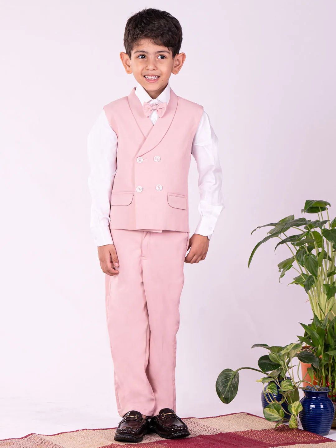 White And Pink Shirt Blazer Waist Coat Pant for Boys by VASTRAMAY