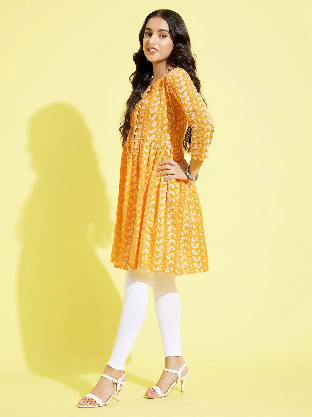 VASTRAMAY Orange Cotton Chikankari Kurta Set for Girls