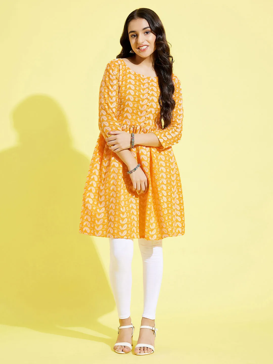 VASTRAMAY Orange Cotton Chikankari Kurta Set for Girls