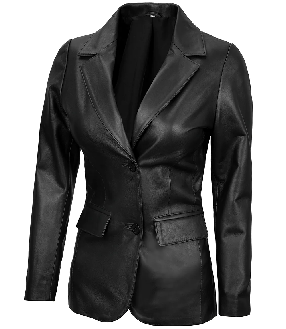 Women's Two-Button Real Lambskin Black Leather Blazer