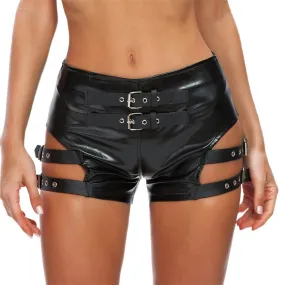 Women's Black Buckle Belted Nightclub Pole Dance Shorts