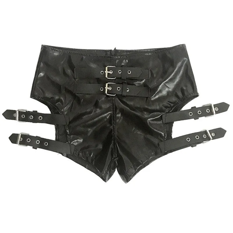 Women's Black Buckle Belted Nightclub Pole Dance Shorts