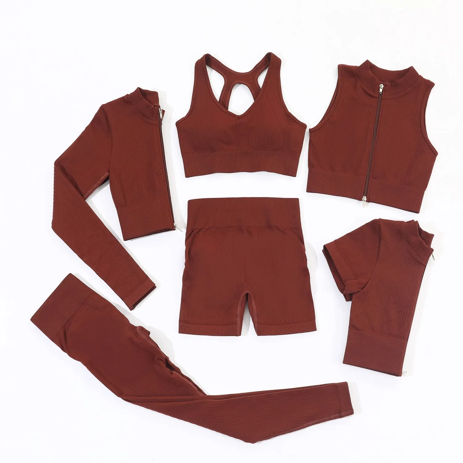 Women's Brown Seamless Racerback Bra and Shorts Workout Outfit