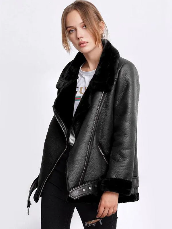 Women's Faux Shearling PU Moto Jacket for Winter - Leather Outerwear