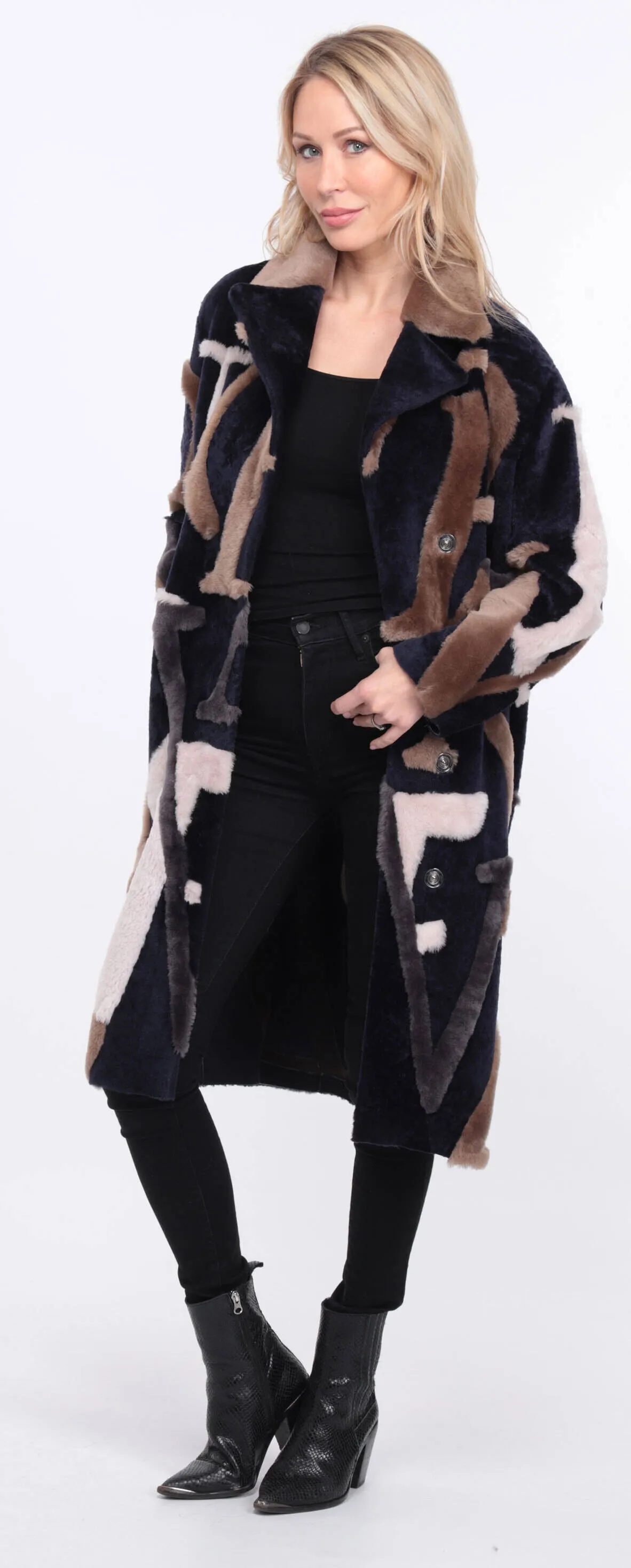 Navy and Beige Starle Sheepskin Coat for Women