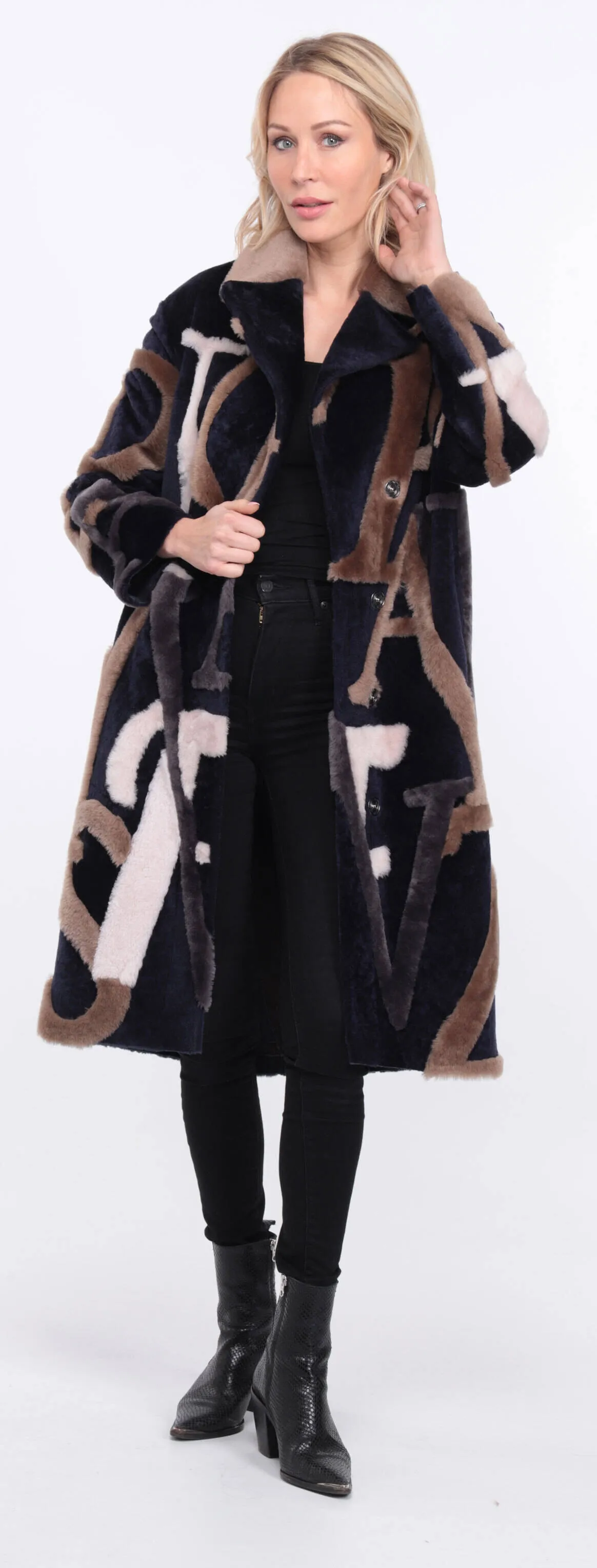 Navy and Beige Starle Sheepskin Coat for Women