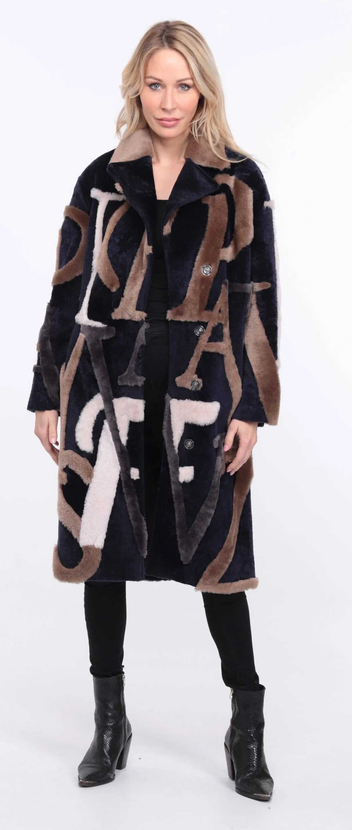 Navy and Beige Starle Sheepskin Coat for Women