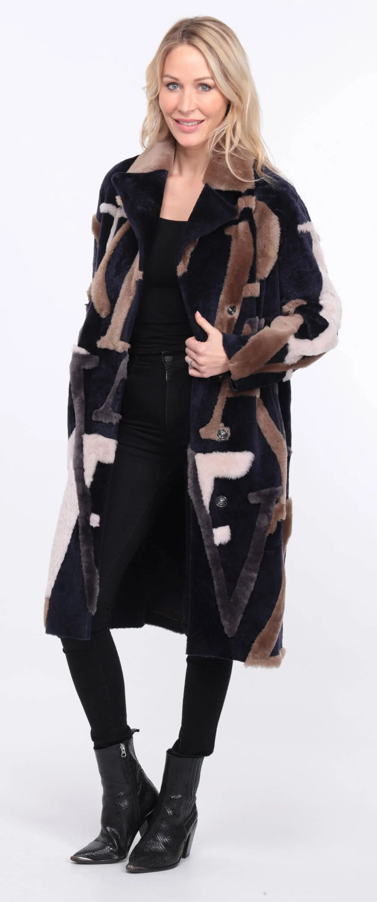 Navy and Beige Starle Sheepskin Coat for Women