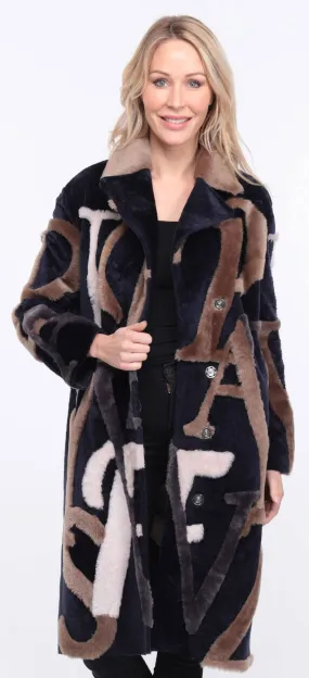 Navy and Beige Starle Sheepskin Coat for Women