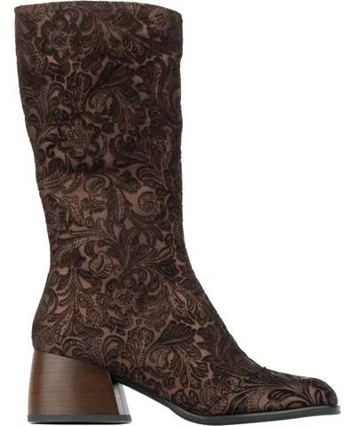 Womens Tall Boots Embassy London Usa Brown Leticia with Burgundy Floral Emboss