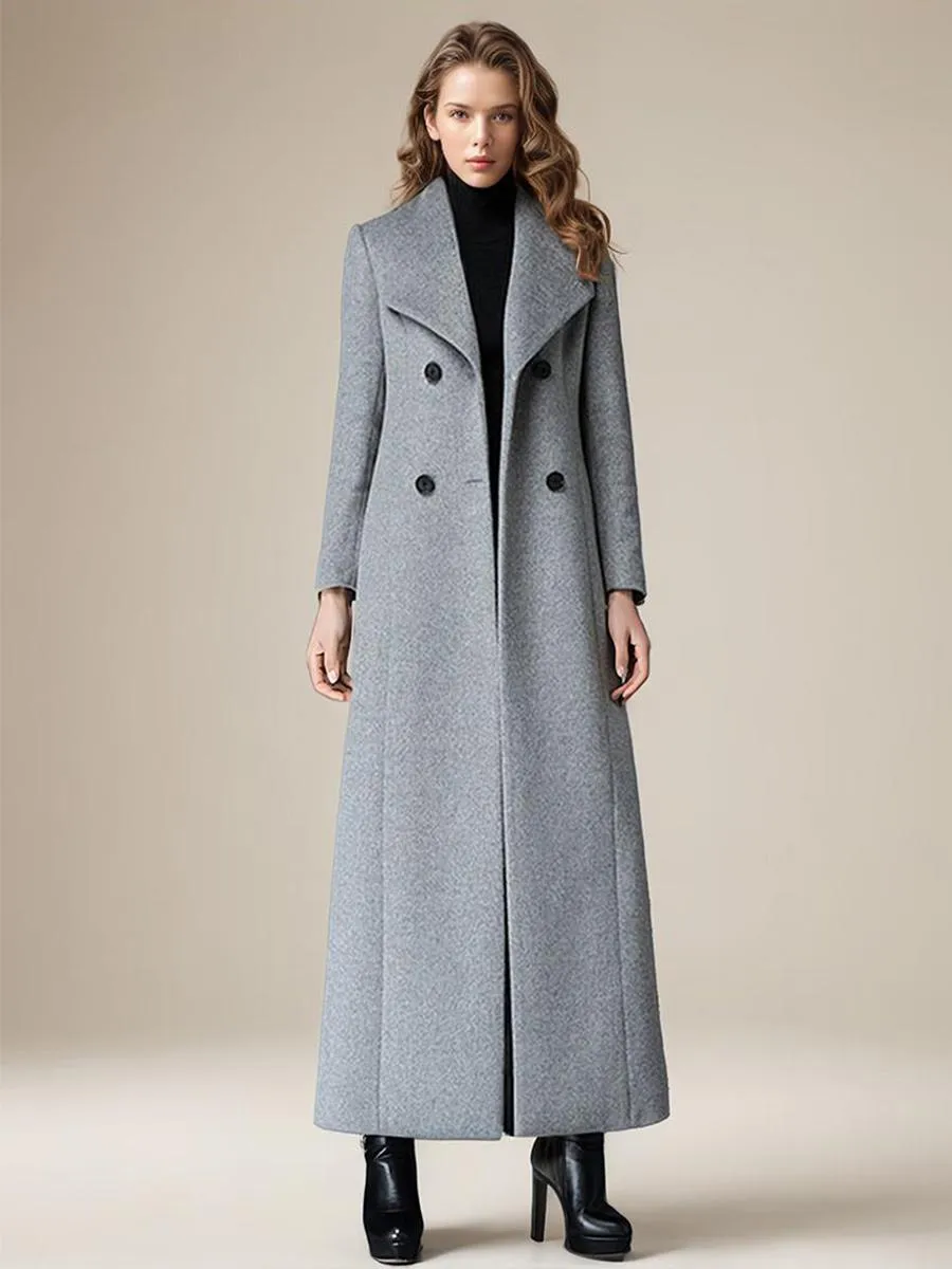 Retro Grey Woolen Wrap Coat with Turndown Collar and Buttons